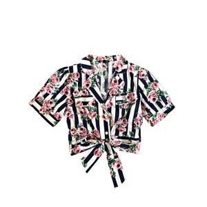 NWT Deco Lux Top‎ Blue stripe floral print top Cotton Size Small